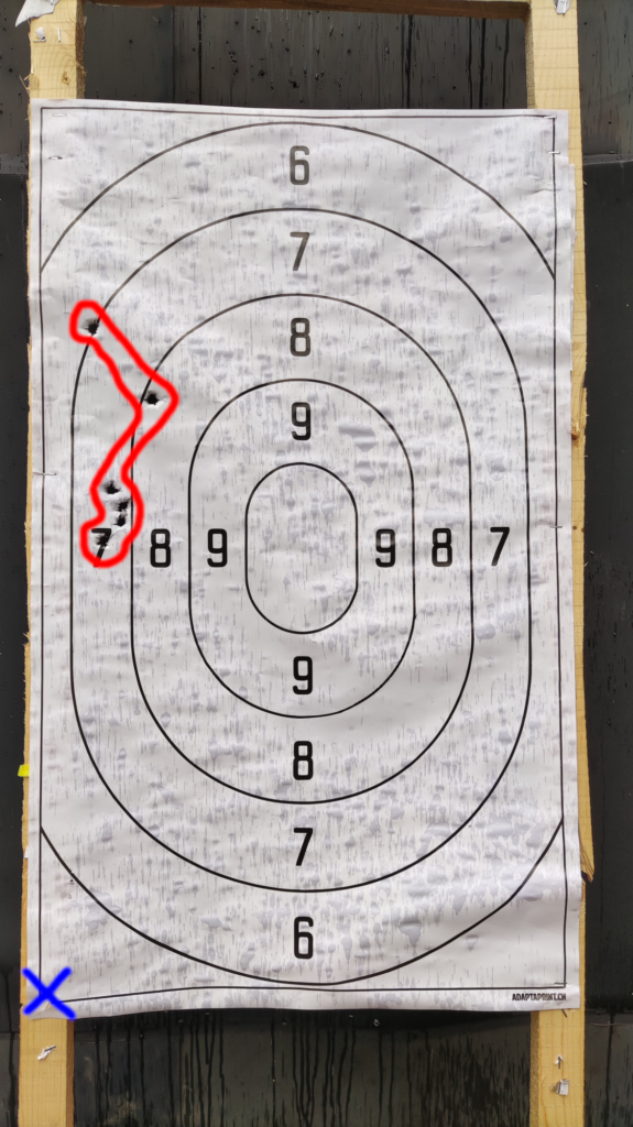 First group with a few rounds out of the target on the left side.