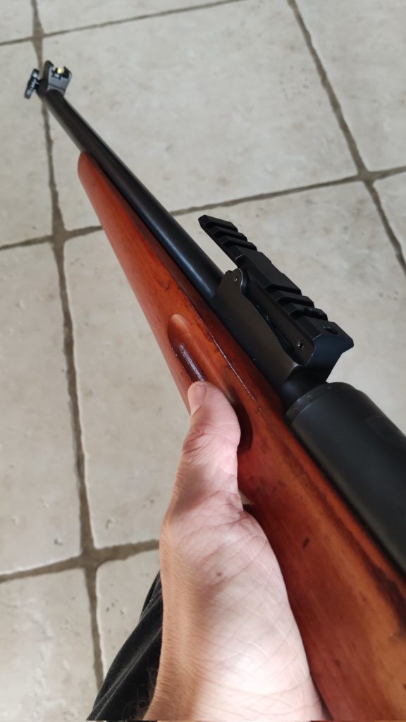 The shortened K31 rifle with the scout scope mount installed.